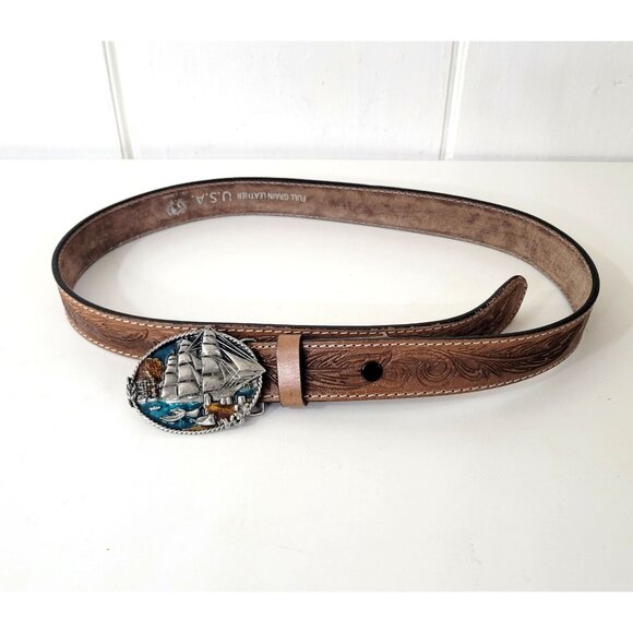 Bergamot Brass Works Clipper Ship Buckle with Tooled Leather Belt Size 40. - Picture 3 of 9
